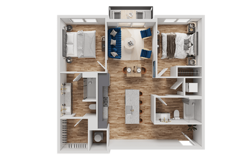 Floor plan for 2 beds, 2 baths, 939 sqft